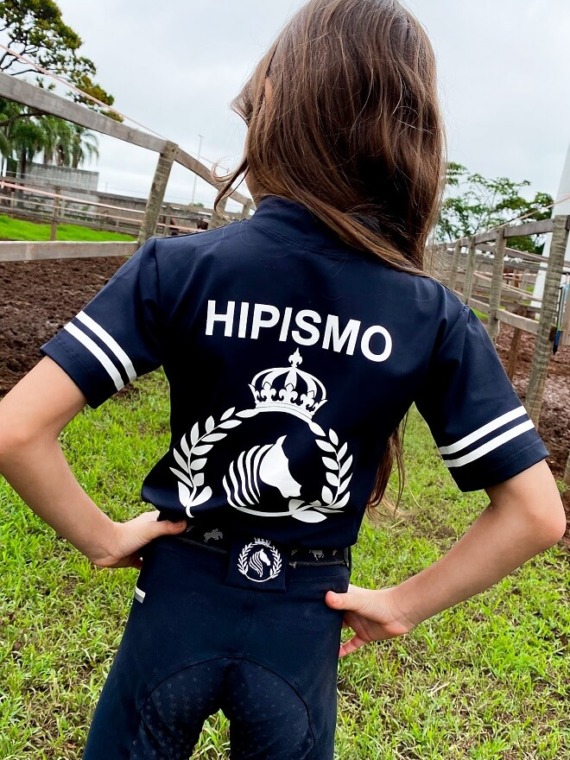 Camisa Hipismo Kids Manga Curta Preto Silk Branco Horse SA